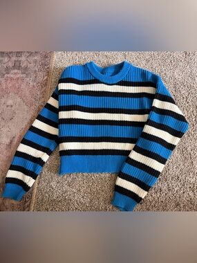 A.L.C. Matthews Pullover Sweater Cropped‎ Crewneck Blue White Black Oversized S